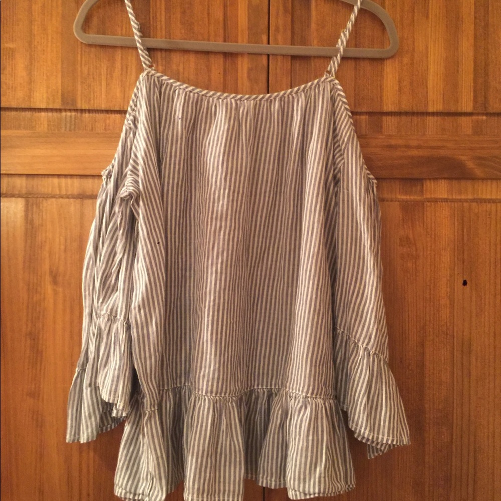 Pale Blue Striped Open Shoulder Top